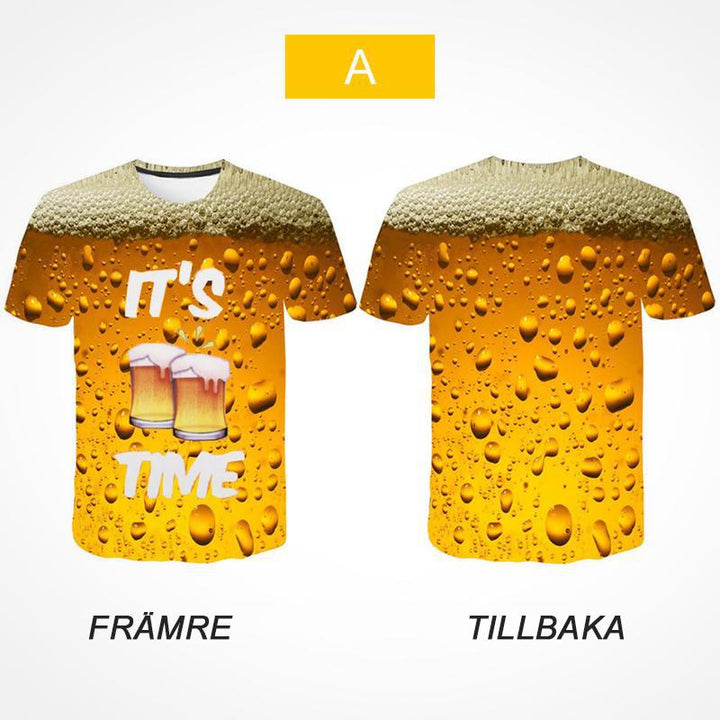 "Unisex sommar t-shirt med 3D-ölmotiv, rund hals, korta ärmar, ölbubbelmönster, bekväm polyester och spandex mix."