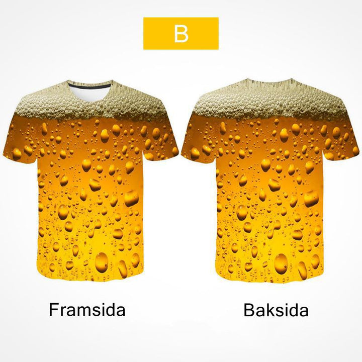 "Unisex sommar t-shirt med 3D-ölmotiv, rund hals, korta ärmar, ölbubbelmönster, bekväm polyester och spandex mix."