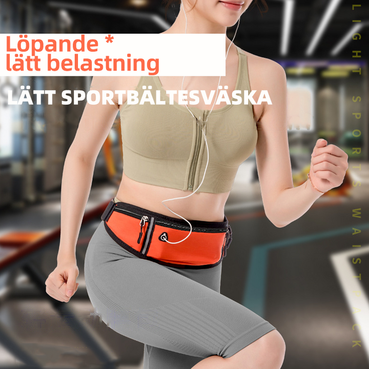 Unisex sportig midjeväska i svart färg, vattenavvisande med reflexer, har flera fickor och hörlurshål, perfekt för träning.