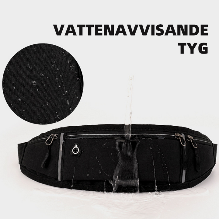 Unisex sportig midjeväska i rosaröd färg, vattenavvisande med reflexer, har flera fickor och hörlurshål, perfekt för träning.