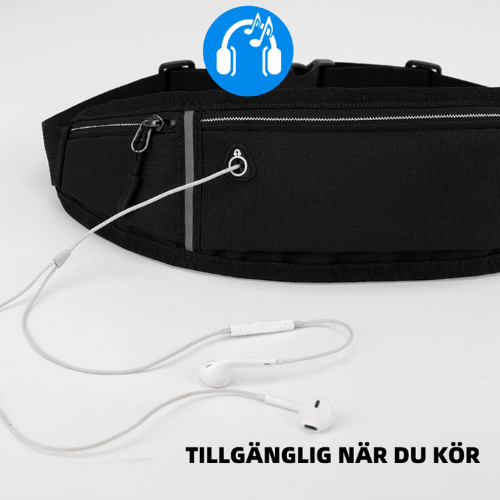 Unisex sportig midjeväska i armégrön färg, vattenavvisande med reflexer, har flera fickor och hörlurshål, perfekt för träning.
