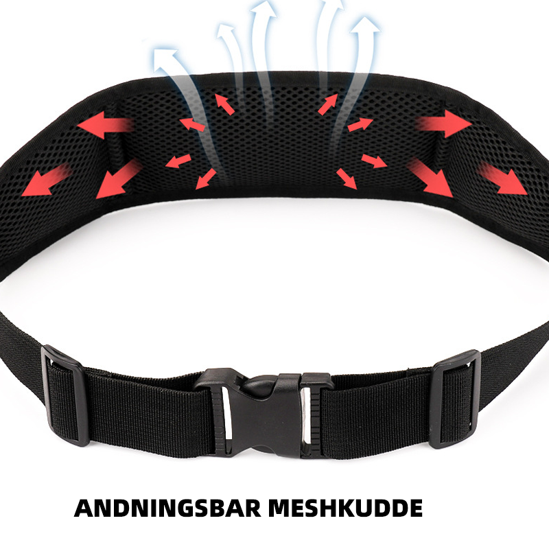 Detaljerad bild av unisex sportiga midjeväskan som visar dess funktioner och design.