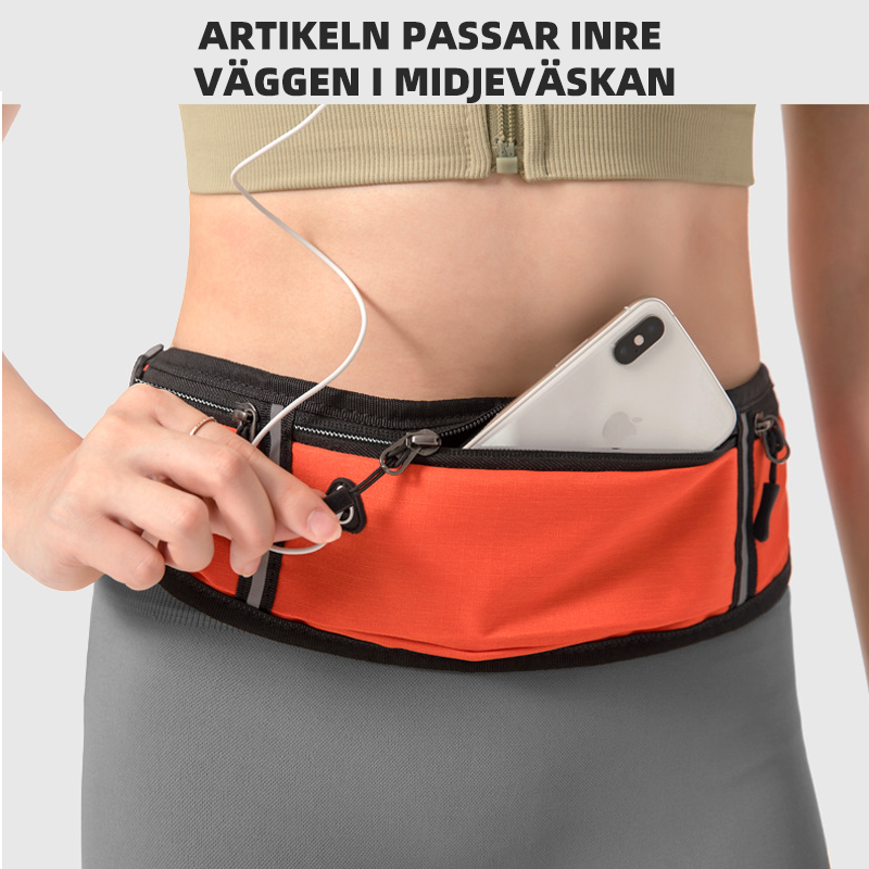 Översikt av unisex sportiga midjeväskan från olika vinklar för att visa dess mångsidighet.