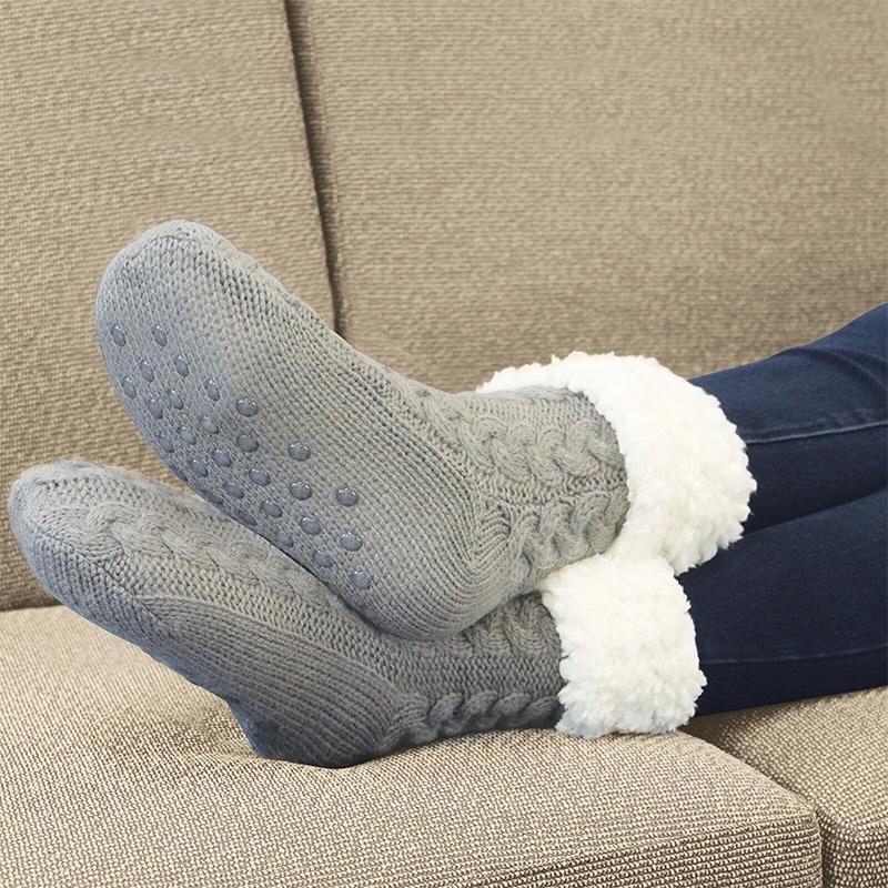 Unisex toffelstrumpor, hala komfri sula, mjuk design, varma, mysiga, stickat mönster, fleecefoder, långa promenader.