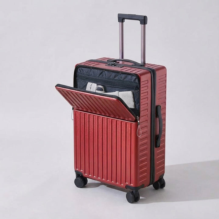 Modern Travelift resebagage med frontficka, idealisk för laptop & enkel att transportera tack vare spinnerhjul.