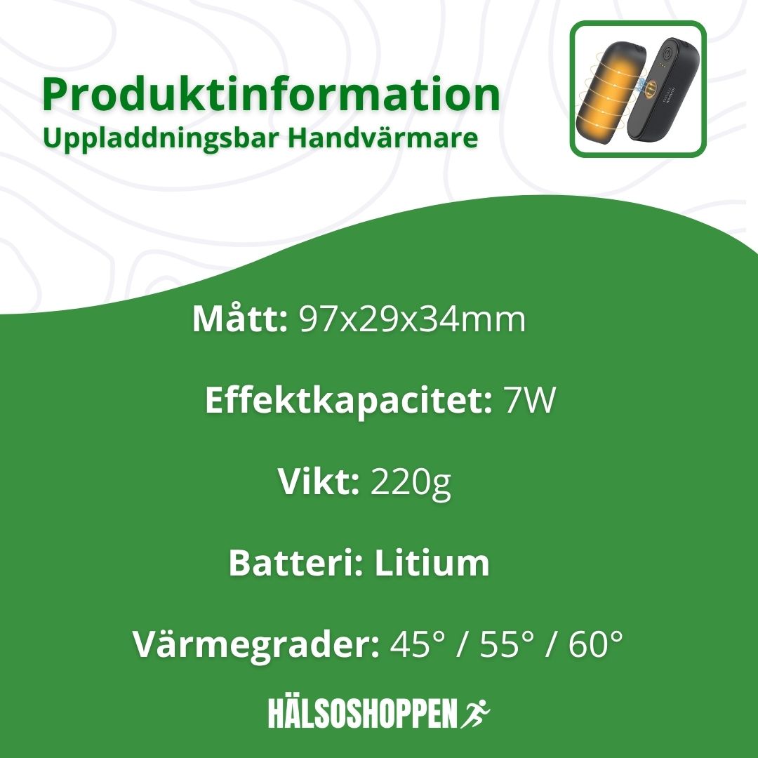 Effektiv uppladdningsbar handvärmare med kraftfullt batteri, håller händerna varma i vinter. Perfekt mot kyla.