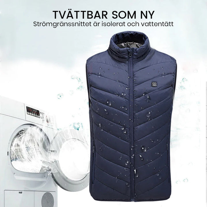 "Unisex uppvärmd väst för vinter, svart och blå. Lätt, bekväm, med snabba värmepaneler och långa batteritid."