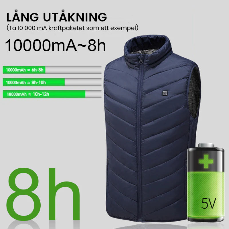 "Unisex uppvärmd väst för vinter, svart och blå. Lätt, bekväm, med snabba värmepaneler och långa batteritid."