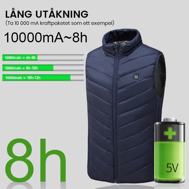 "Unisex uppvärmd väst för vinter, svart och blå. Lätt, bekväm, med snabba värmepaneler och långa batteritid."