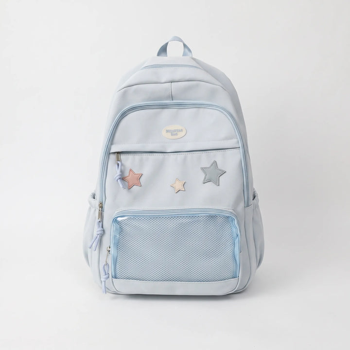 Baksida av unisex vardagsryggsäck med ergonomiska remmar. Perfekt skolväska & pendlarväska i kawaii y2k stil.