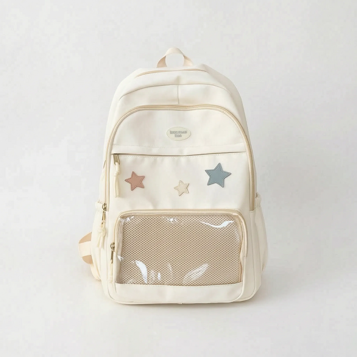 Detalj av slitstark vardagsryggsäck med personlig display. Unisex kawaii skolväska för en unik y2k stil.