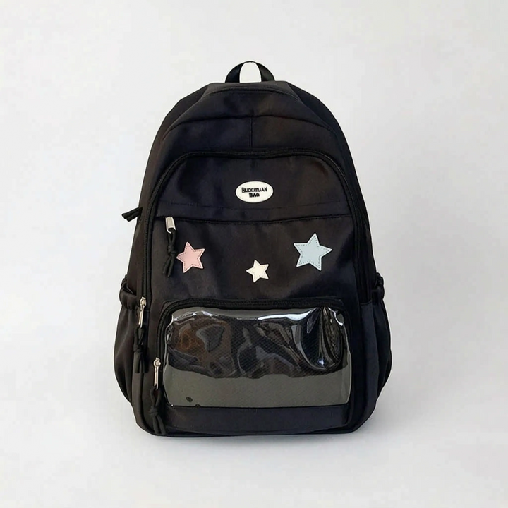 Unisex vardagsryggsäck med personlig display, presenterad från ny vinkel. Stilren kawaii skolväska, y2k pendlarväska.