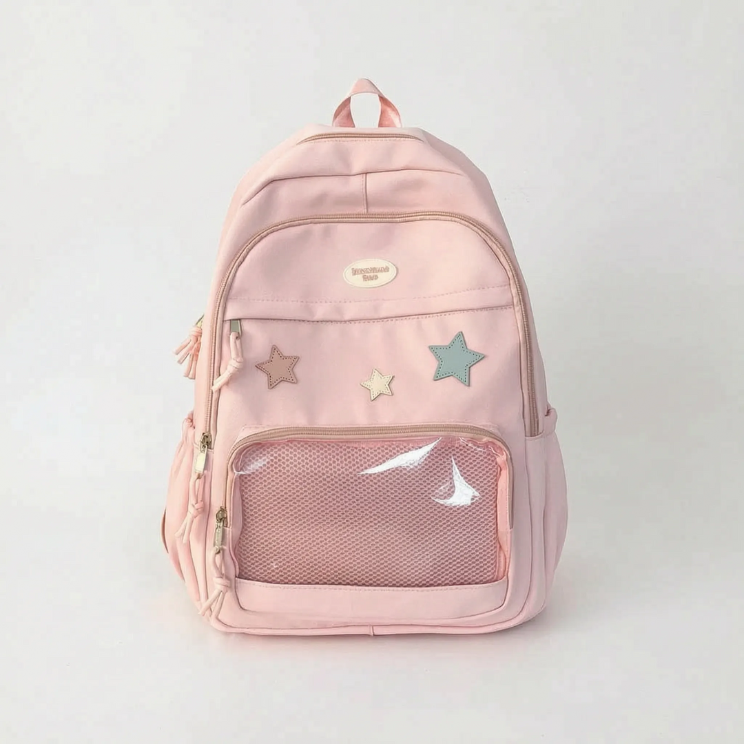 Lekfull kawaii vardagsryggsäck med personlig display. Unisex skolväska & pendlarväska med modern y2k stil.