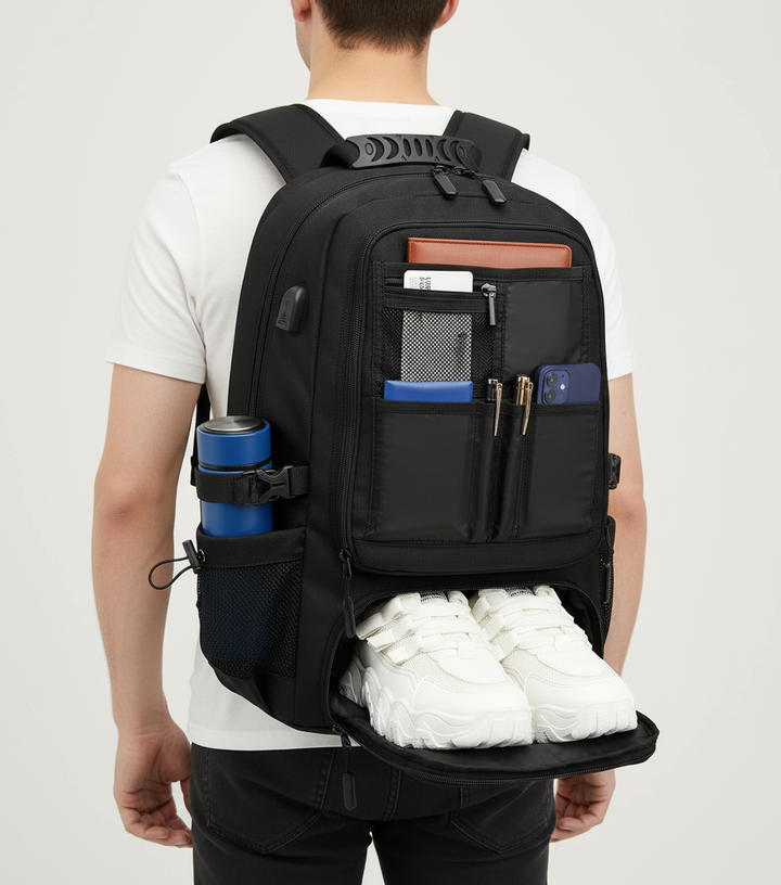 Praktisk unisex reseryggsäck med laptopfack. Vattentålig arbets- och skolväska med organiserade fack.