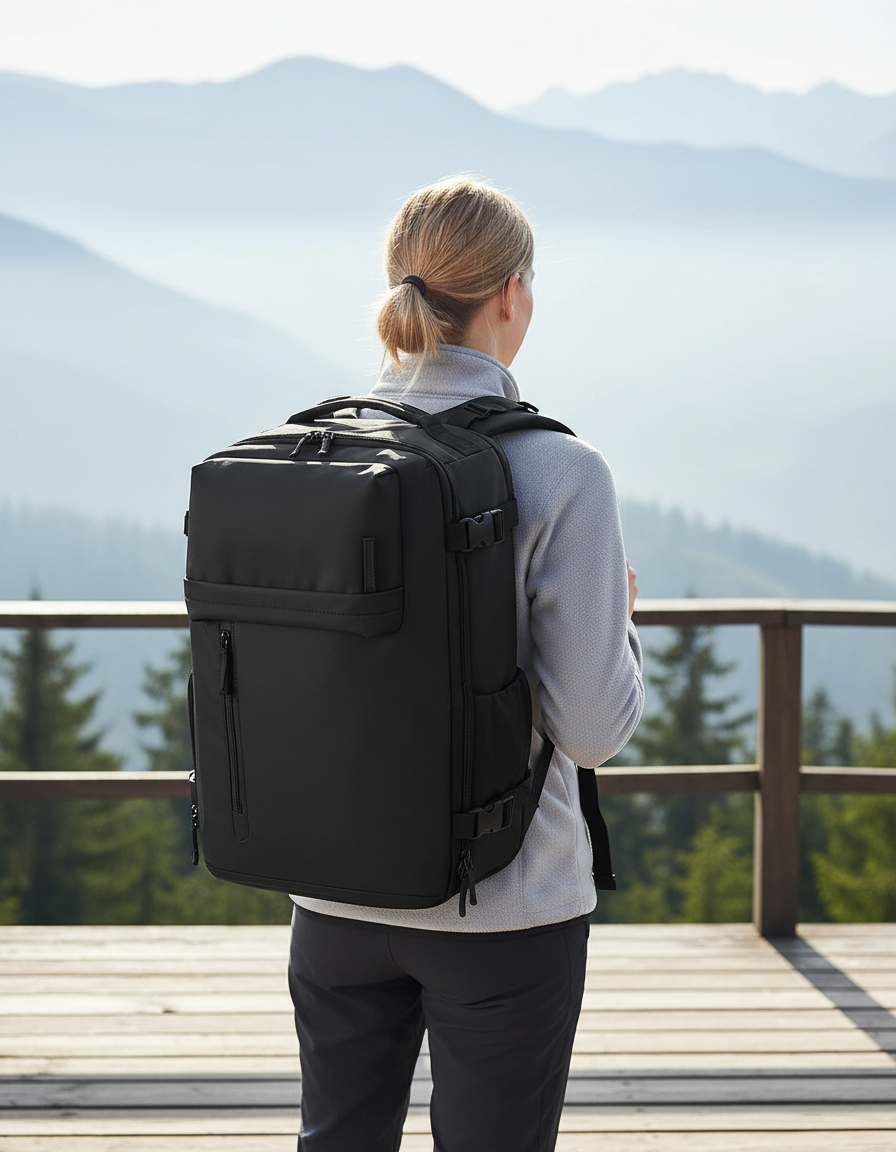 Unisex vattentålig reseryggsäck i svart med skofack och USB-port, perfekt för äventyr och arbete.