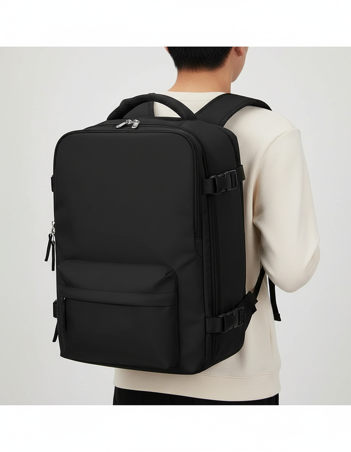 Organiserad pendlarryggsäck med laptopfack, skofack och USB-port. Vattentålig design för dagligt bruk.