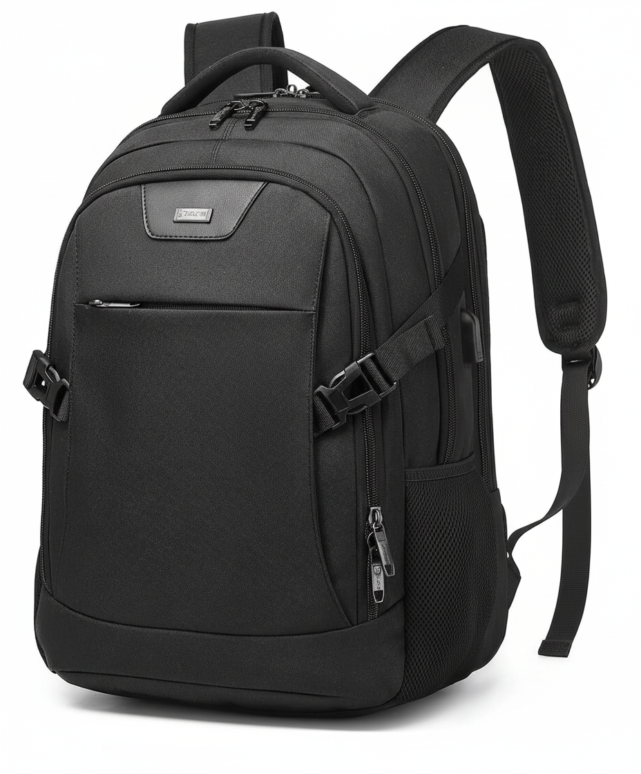 Stilren unisex ryggsäck, vattentät, med integrerad USB-laddning, perfekt för laptop och surfplatta.