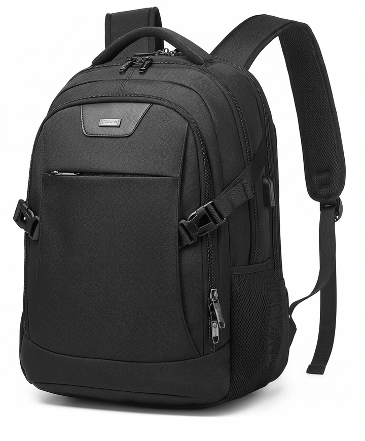 Stilren unisex ryggsäck, vattentät, med integrerad USB-laddning, perfekt för laptop och surfplatta.