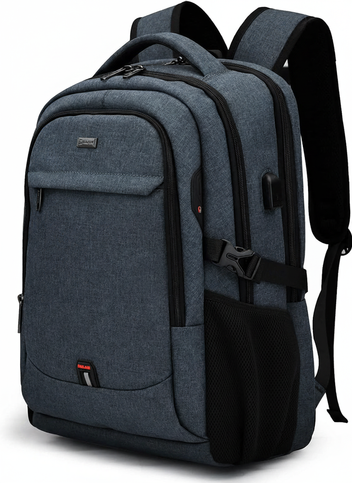 Modern vattentät ryggsäck med elegant design, rymmer laptop, böcker och har USB-laddningsfunktion.