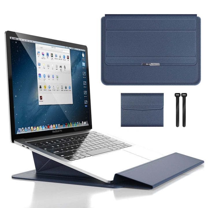 Laptopfodral med smart ergonomisk ställfunktion. Stötsäkert och vattentätt, idealiskt för arbete.