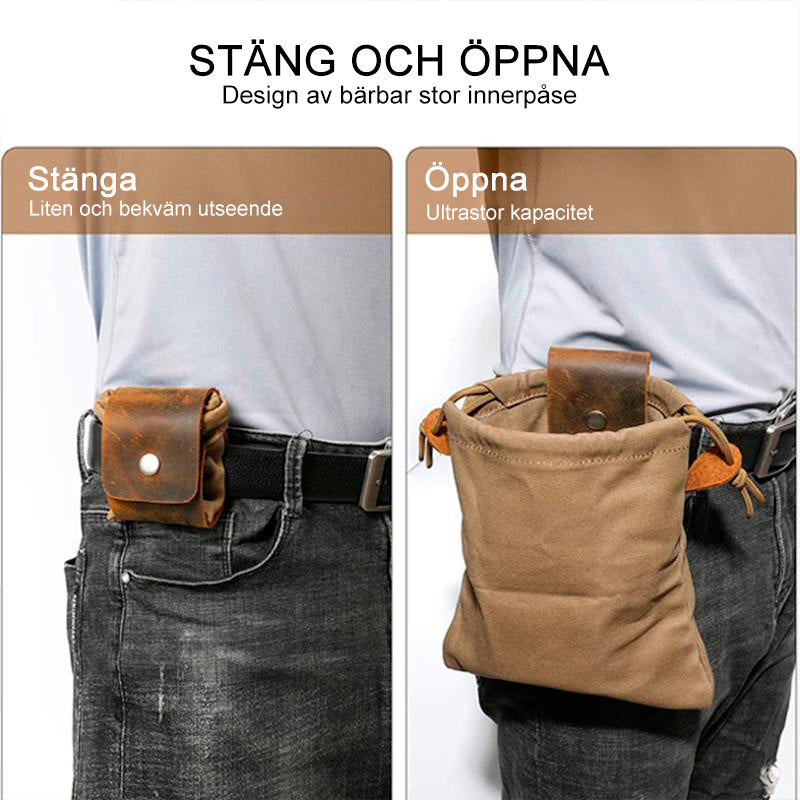 "Unisex vintage läder och canvas foraging påse med stilren design, rymlig, bärbar med bältesögla, brun färg."