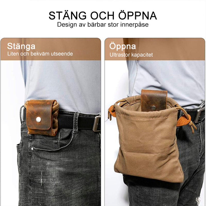 "Unisex vintage läder och canvas foraging påse med stilren design, rymlig, bärbar med bältesögla, brun färg."
