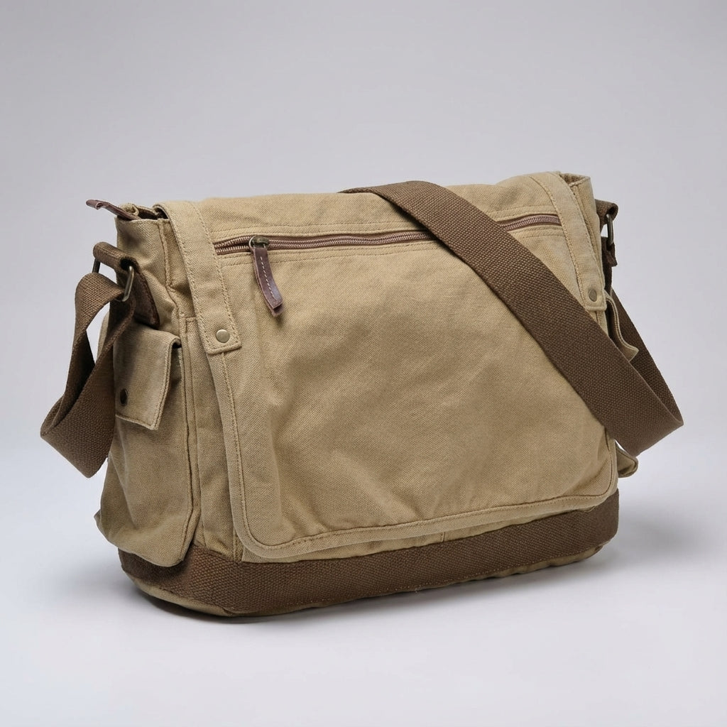 Organiserad vintage messengerväska i khaki canvas, redo för arbete eller studier. Inkluderar laptopfack.