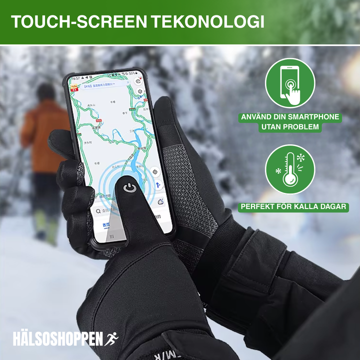 Svarta termiska vinterhandskar med touchskärmsfunktion. Perfekta för att hantera din mobil utomhus i kyla.