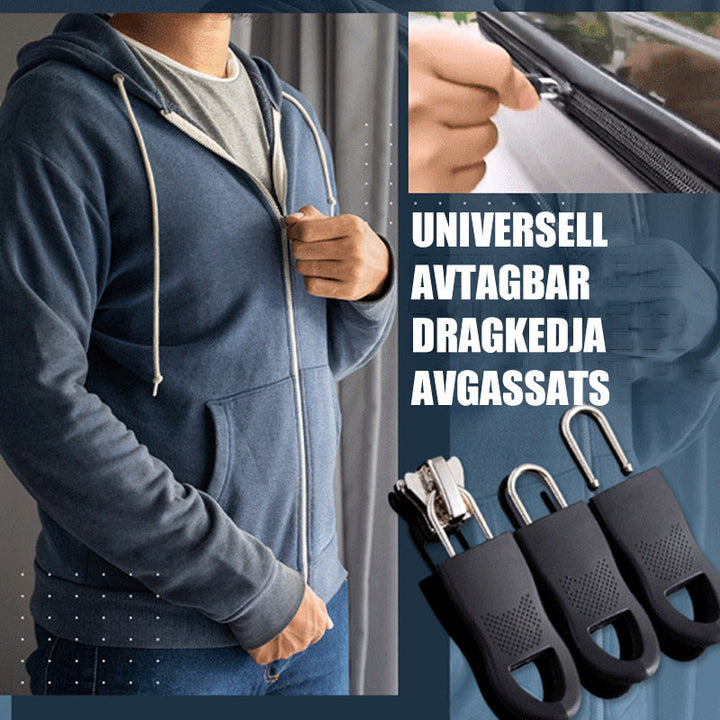 Universal avtagbar dragkedjelås i metall och plast, svart och brunt, passar olika storlekar för väskor och jackor.