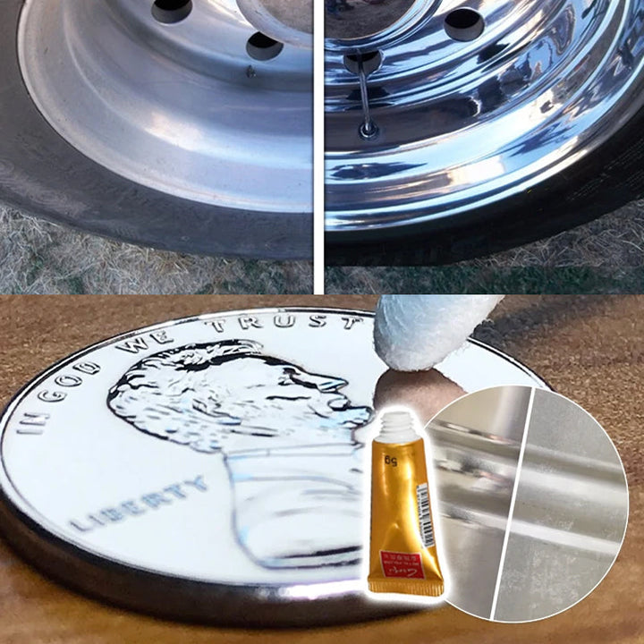 Universal metallputs kräm för glansig yta, effektivt mot smuts och repor, lämplig för olika metaller, vit kräm i tub.