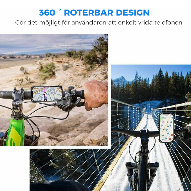 "Universal motorcykelhandtag med 360° rotation, hållbart svart silikon, passar smartphones 4-6 tum för cyklar och mopeder."