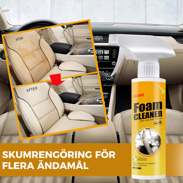 "Universal skumrengöringsspray för bilar, effektiv och snabb, rengör invändiga ytor med skumteknik, UV-skydd ingår."