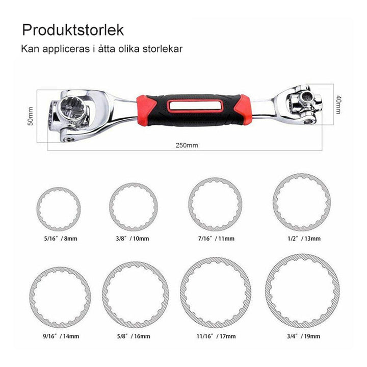 52 i 1 Universellt Hylsnyckel i kromvanadinlegerat stål med ergonomiskt gummihandtag och justerbar storlek
