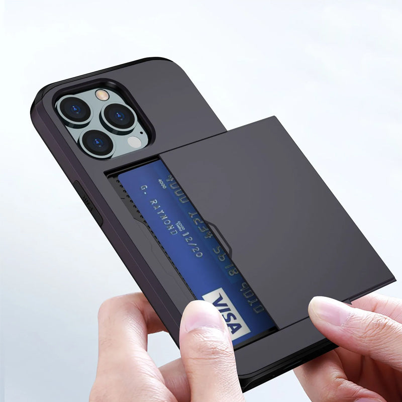 "Universal telefonfodral med plånbok, stilren design, stötskydd. Passar flera iPhone-modeller, flera färgval tillgängliga."