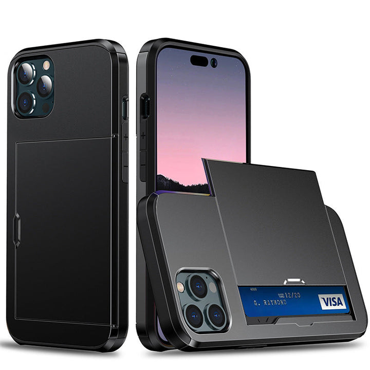 "Universal telefonfodral med plånbok, stilren design, stötskydd. Passar flera iPhone-modeller, flera färgval tillgängliga."