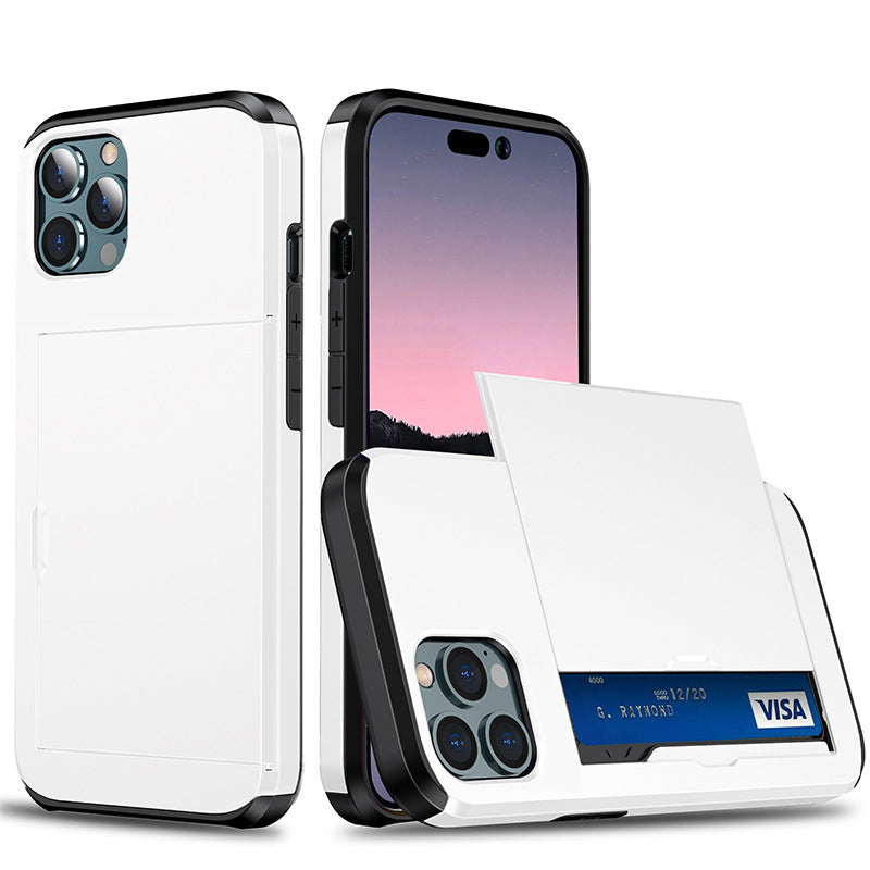 "Universal telefonfodral med plånbok, stilren design, stötskydd. Passar flera iPhone-modeller, flera färgval tillgängliga."