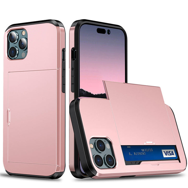 "Universal telefonfodral med plånbok, stilren design, stötskydd. Passar flera iPhone-modeller, flera färgval tillgängliga."