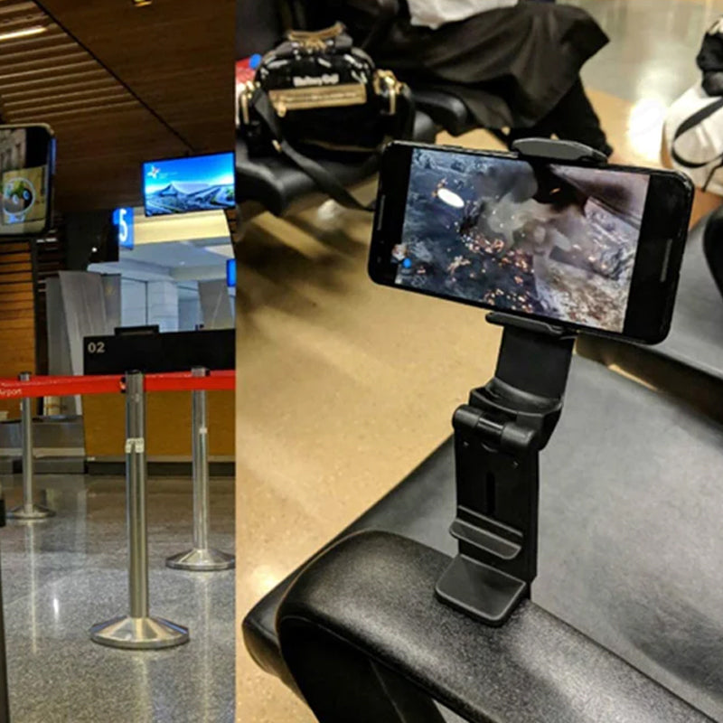 "Universell 360° telefonhållare, kompakt, svart design, monterad på flygplansbricka för resenärer och äventyr."