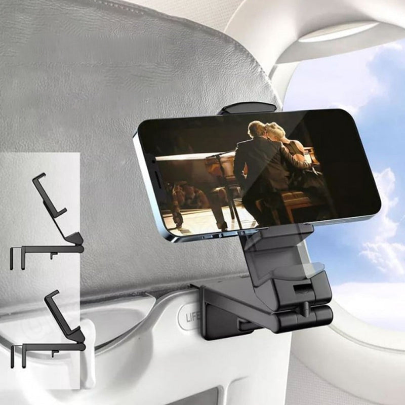 "Universell 360° telefonhållare, kompakt, svart design, monterad på flygplansbricka för resenärer och äventyr."