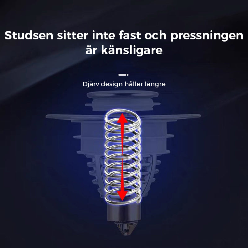 "Universell badrumsavloppspropp i elegant mässing och stål med tryckknapp, silikonringar för säker passform mot smuts."