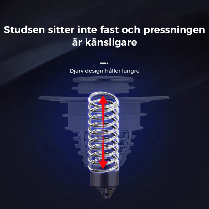 "Universell badrumsavloppspropp i elegant mässing och stål med tryckknapp, silikonringar för säker passform mot smuts."