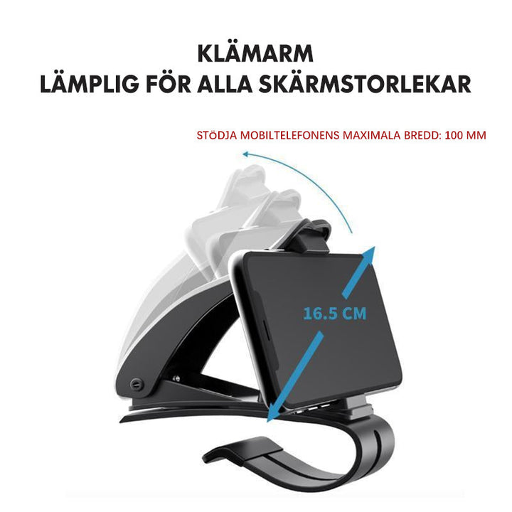 "Universell bilhållare för instrumentbräda, anpassningsbar klämma för smartphone, säker och stabil montering under körning."