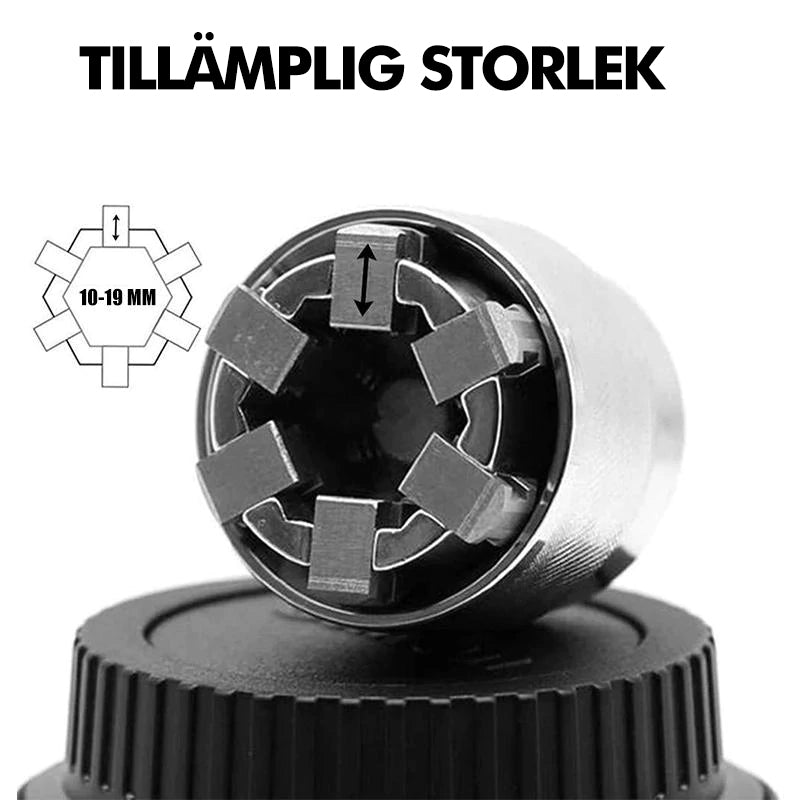Universell eldriven hylsa i silverfärgat stål, justerbar från 10-19 mm, ansluts till borr för effektiv mutterhantering.