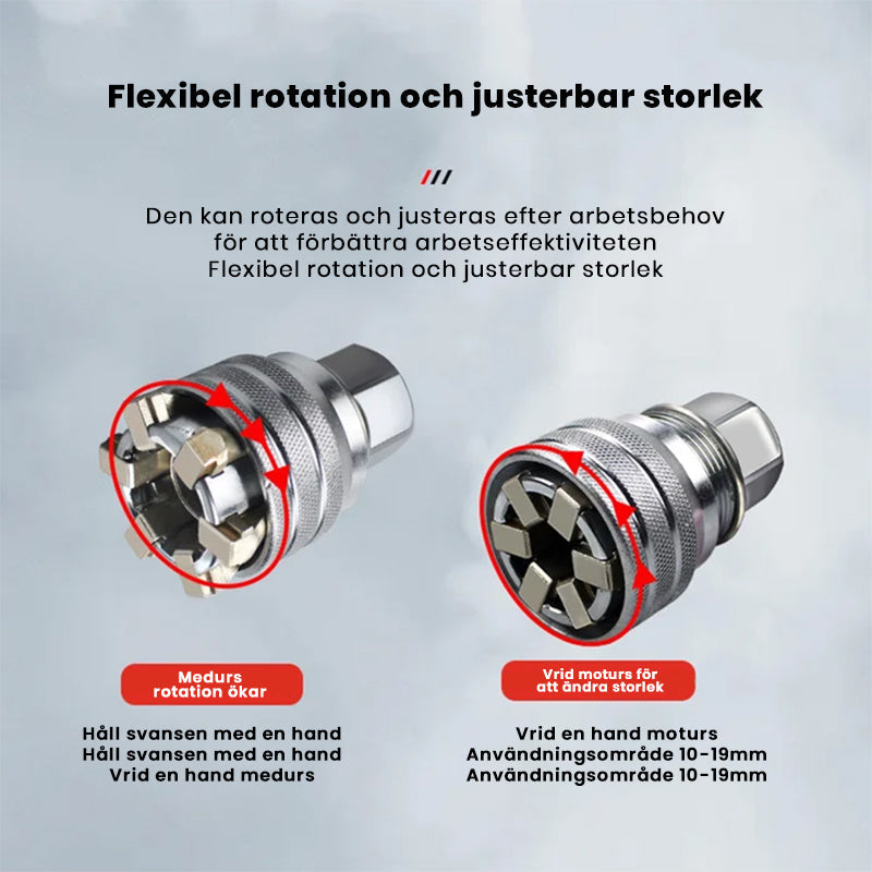 Universell eldriven hylsa i silverfärgat stål, justerbar från 10-19 mm, ansluts till borr för effektiv mutterhantering.