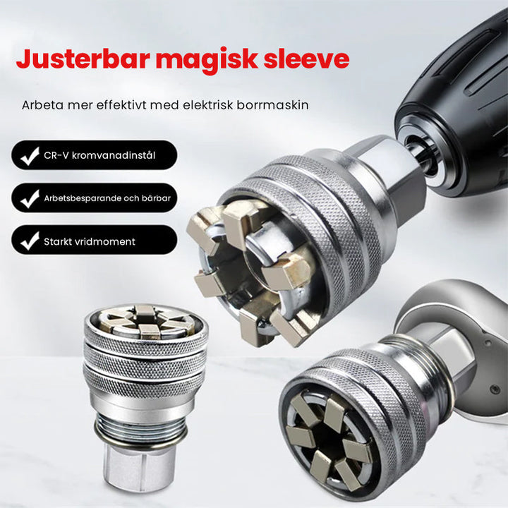 Universell eldriven hylsa i silverfärgat stål, justerbar från 10-19 mm, ansluts till borr för effektiv mutterhantering.
