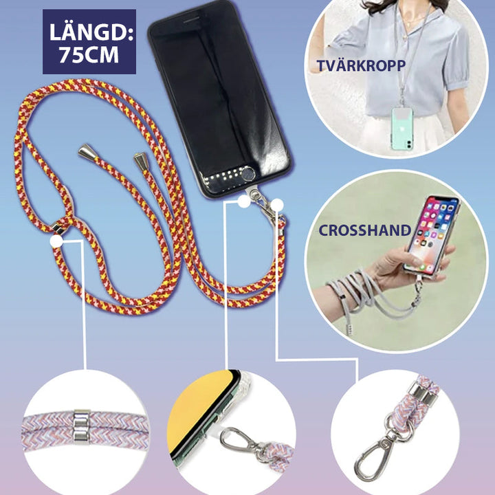 Universellt löstagbart mobilband i nylon och metall, justerbar, hållbar, ger säkerhet och bekvämlighet.