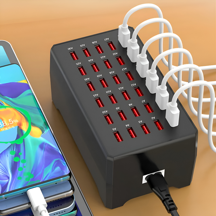 Universell multi-USB-laddstation med flera portar för effektiv laddning av mobiler och surfplattor.