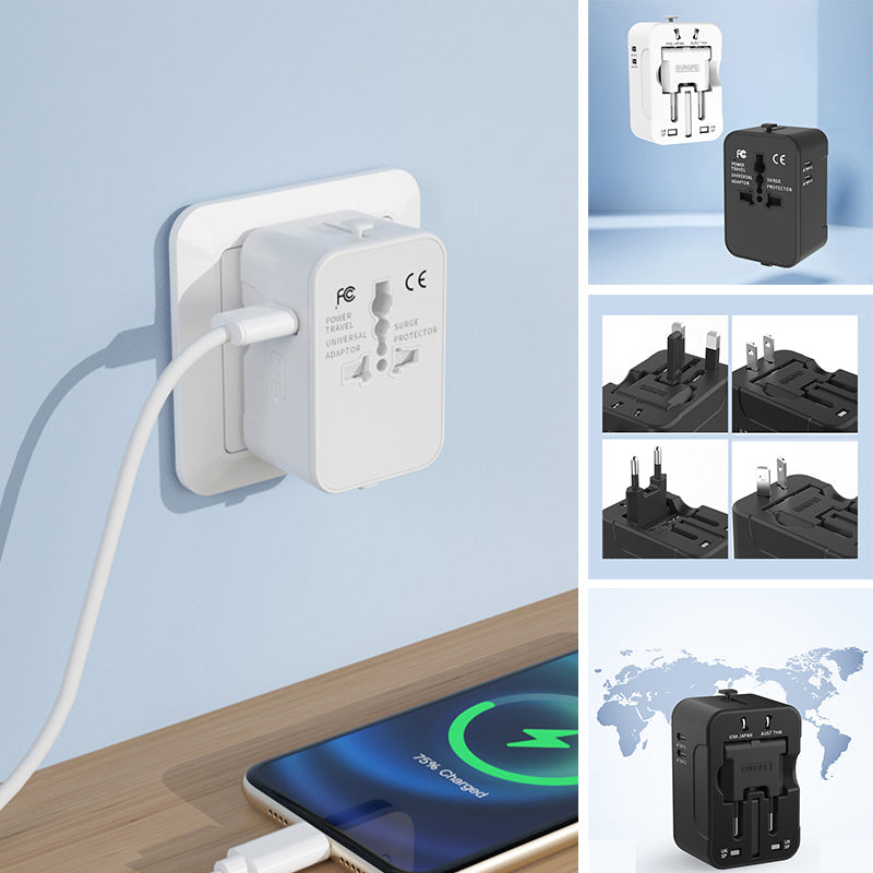 "Universell reseadapter med dubbla USB-portar i flera färger, kompakt design för resa, ladda enheter var som helst."