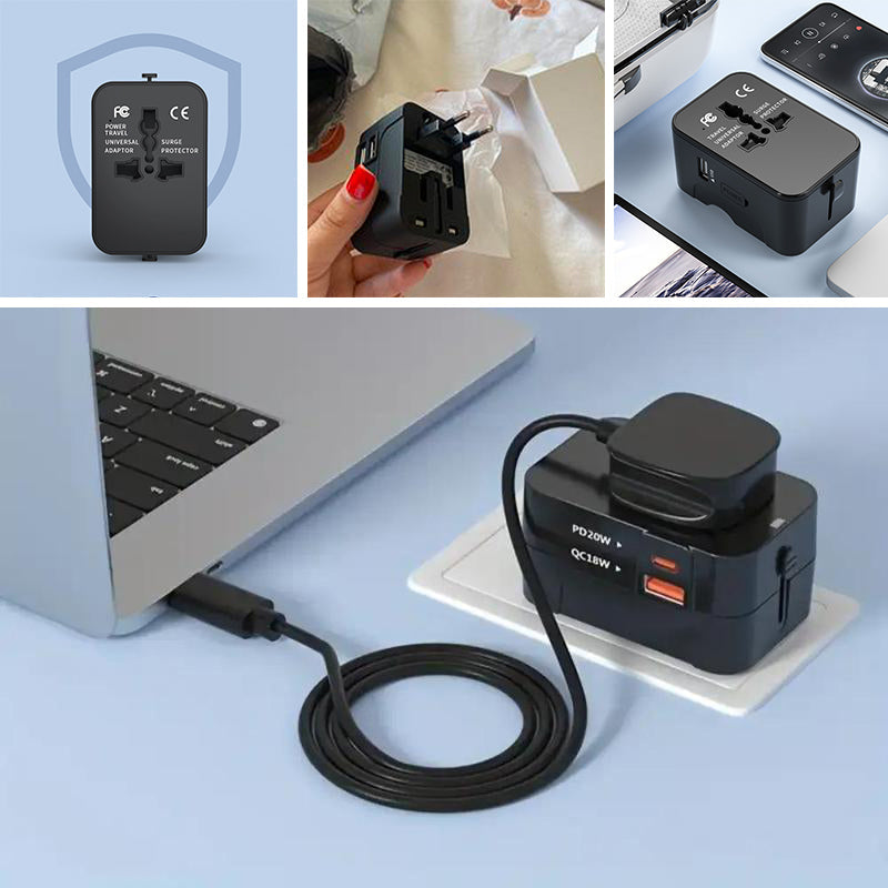 "Universell reseadapter med dubbla USB-portar i flera färger, kompakt design för resa, ladda enheter var som helst."