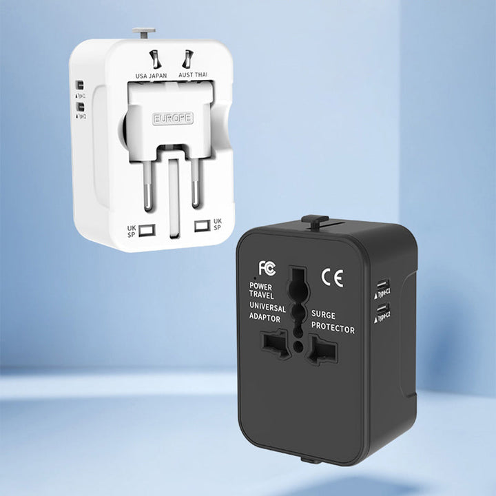 "Universell reseadapter med dubbla USB-portar i flera färger, kompakt design för resa, ladda enheter var som helst."